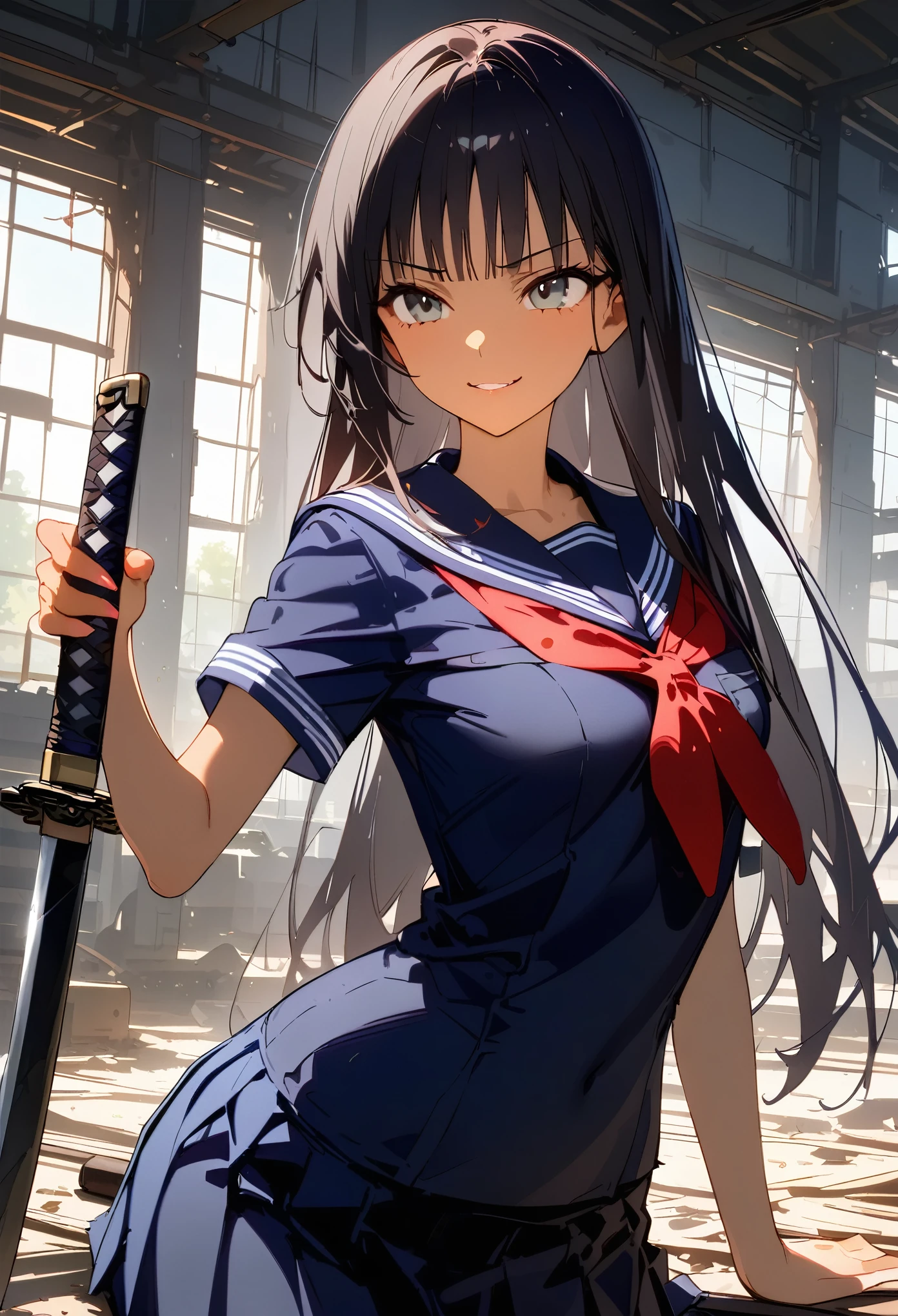 ((masterpiece,best quality anime:1.3,Best Quality)),cowboy shot,1woman,High school girl swordsman、cowgirl position,(young adult),long straight hair,bangs,black hair,((very small head:1.3)),gray eyes,gorgeous eyes,smirk,small breasts,((very long body:1.3)),(Holding a Japanese sword、An accurate depiction of a Japanese sword),(School uniform、Navy blue sailor suit、Short sleeve、Red neckerchief、Navy blue pleated mini skirt),slender body,skinny,gleaming skin,tan skin,standing,Abandoned Factory、