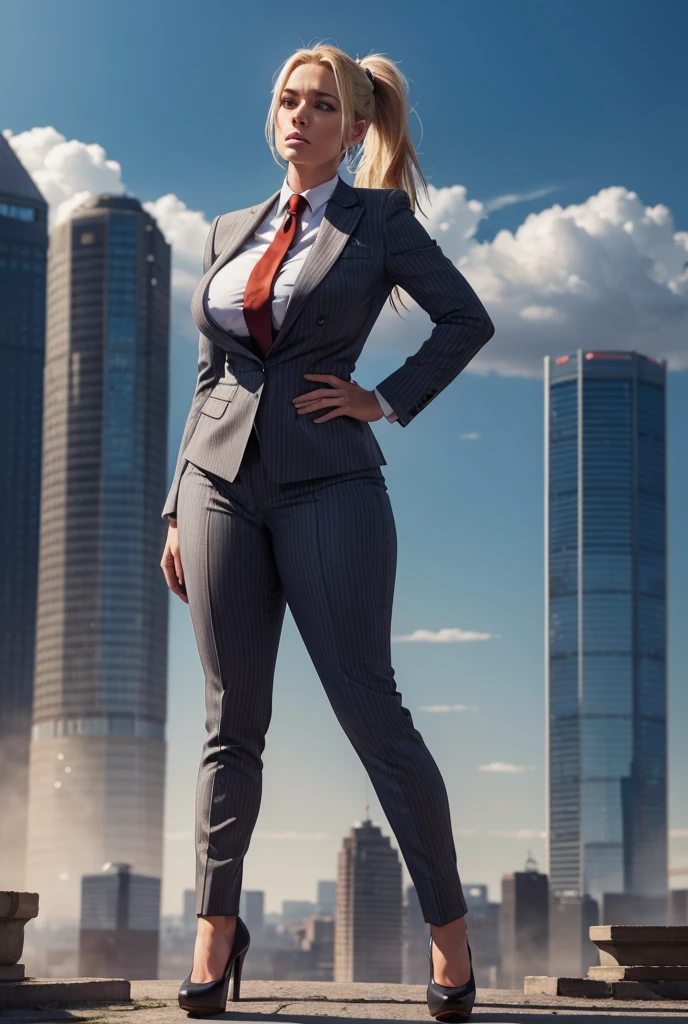 1 woman in grey pinstriped three-piece suit, white shirt, big red paisley necktie, curvaceous figure, massive breasts, blonde ponytail, standing in stomping pose, wearing black platform heels, cityscape background of mega-city, urban sprawl, small towns, hazy cloudy atmosphere, high-resolution, masterpiece quality, cinematic, ultra-detailed, hyper-photorealistic, perfect hands, face, lighting, camera view looking up