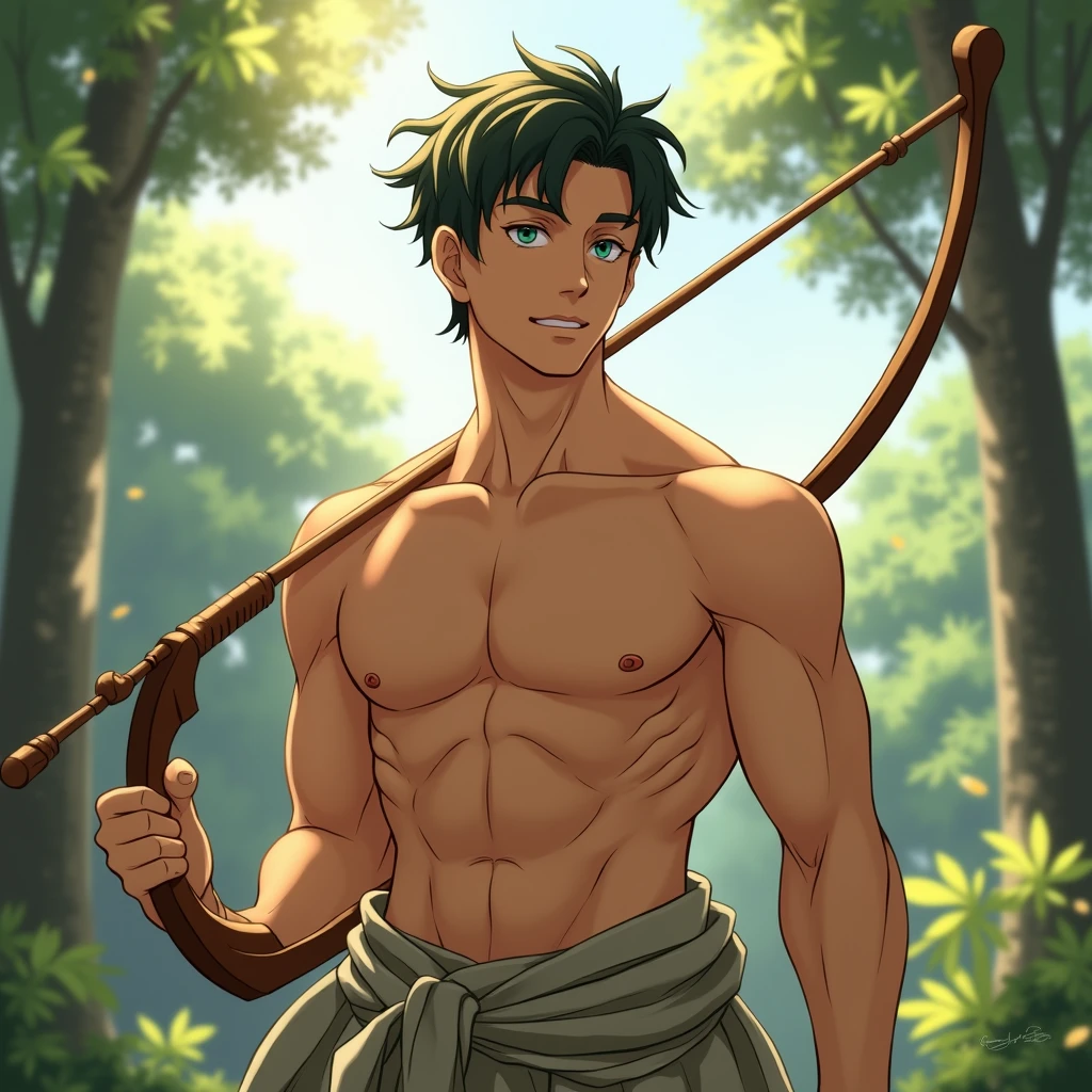 Izuku Midoriya, Shirtless, Green Hair, Archer, Hunting, Green Eyes, Greek Warrior, Shirtless, Greek Mythology, Son of Artemis, Forest, Hunter.