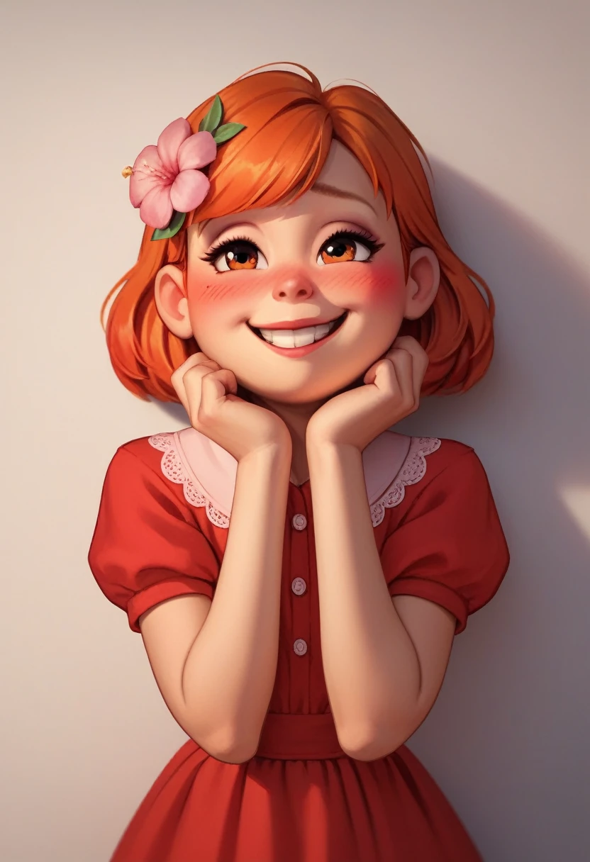 meilinlee, pink flower on hair, orange hair, red dress, makeup, shy smile, blush