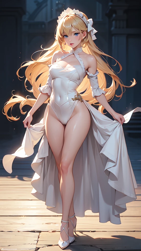 1girl, solo, elegant hair (full body: 1.1), (side at the viewer: 1.1), filmg , sweet_lolita, Best quality, masterpiece, blond hair, blue eyes, Exquisite mouth,Very detailed face, blush, Shiny wet skin, Pink lips, Delicate lips, one piece race queen cosplay outfit, garage background, low lighting,  standing with one foot arched, lifting her heel slightly off the ground as if on tiptoe. The weight is shifted onto the standing leg, while the other leg is extended or gently bent, creating a long, elegant line. Arms can be softly placed by her sides, on her hips, or holding a delicate prop.