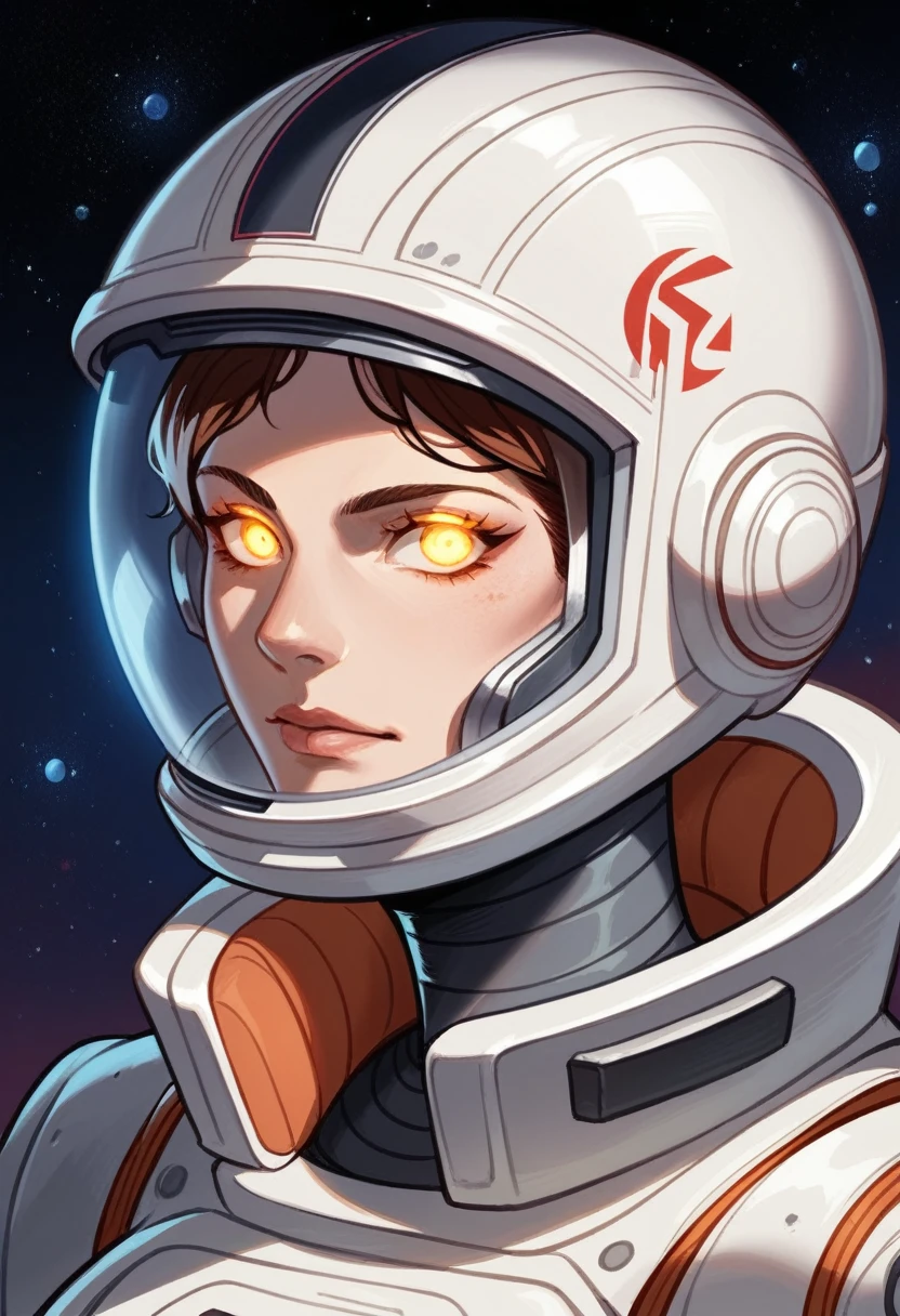masterpiece, 1girl, big glasses, red hair, spacesuit, space background, bloom, shade, digital painting