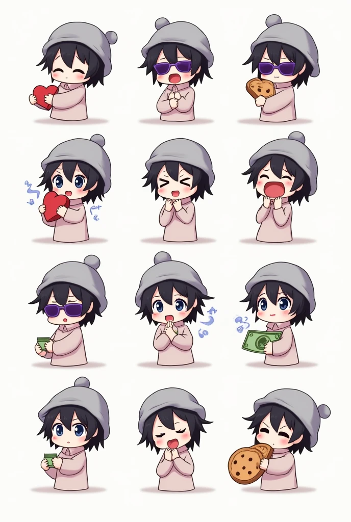 Emotes de twitch, anime, Chibi, full shot, 6 samples, chico, Medium long hair, black hair, gray eyes, grey wool cap, Purple sunglasses, Separate actions, Trite, happy, Hugging a heart, In the hands with dollars, Crying happily, Eating cookies