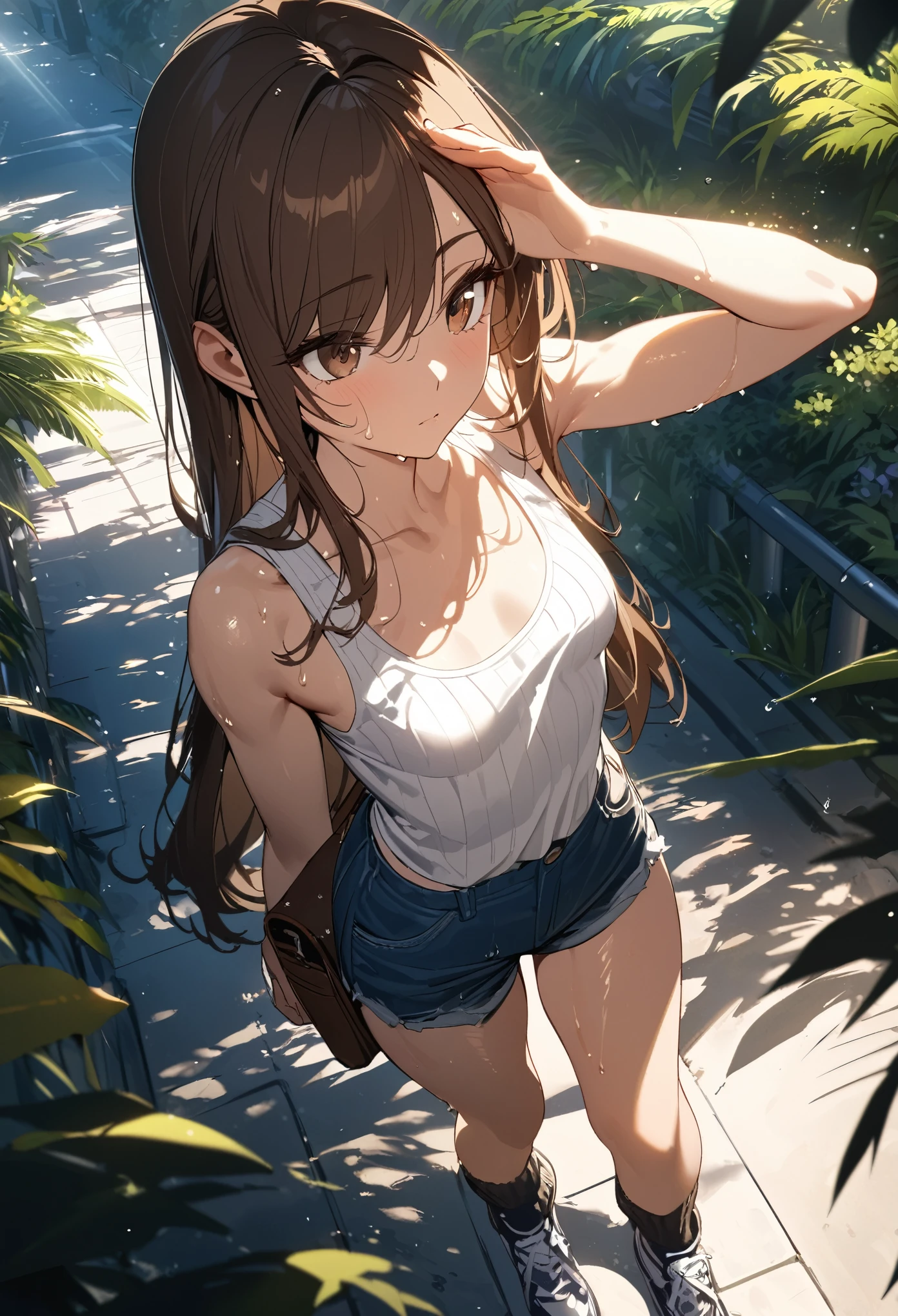 (masterpiece:1.2, Best Quality), (finely detailed beautiful eye: 1.2), (beautiful detailed face), High contrast, (Best Illumination, extremely delicate and beautiful), ((Cinematic Light)), Highest Quality, masterpiece, light particles, close up, from above, upper body, ribbed white tank top, jean shorts, baggy socks, sneakers, hand above eyes, very long hair, brown hair, brown eyes, swept bangs, small breasts, toned arms, tropical plants, sidewalk, walking under trees and in shade, bus, city in distance, trees, clouds, wet clothes, sweat, heat wave, wet skin, satchel, flowers,