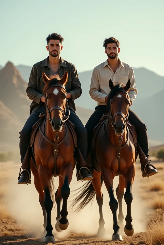 Two handsome young men, both with beautiful faces, white skin, and soft skin, lean and shirtless, with short black hair, riding horses together.