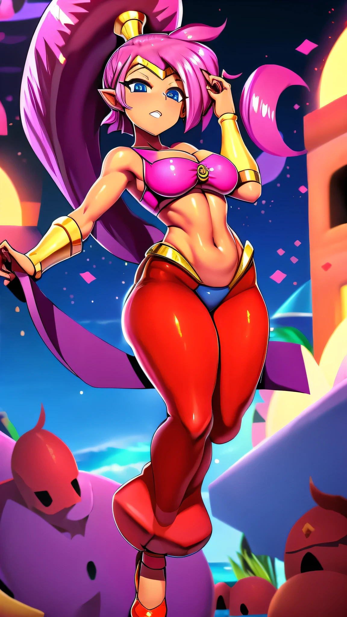 A beautiful sexy girl with long wavy purple hair and a ponytail. Her blue eyes are wearing a pink top with a gold line and wide red pants with long gold heels.