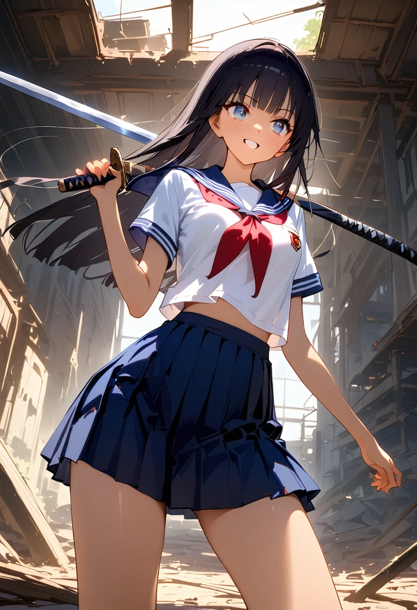 Action Art、((masterpiece,best quality anime:1.3,Best Quality)),cowboy shot,1woman,High school girl swordsman、cowgirl position,(young adult),long straight hair,bangs,black hair,((very small head:1.2)),gray eyes,gorgeous eyes,smile,small breasts,((very long body:1.3)),(Holding the handle of a Japanese sword、An accurate depiction of a Japanese sword),(School uniform、Navy blue sailor suit、Short sleeve、Red neckerchief、Navy blue pleated mini skirt),slender body,skinny,gleaming skin,tan skin,(Fight with a sword),Abandoned Factory、Dynamic Pose、