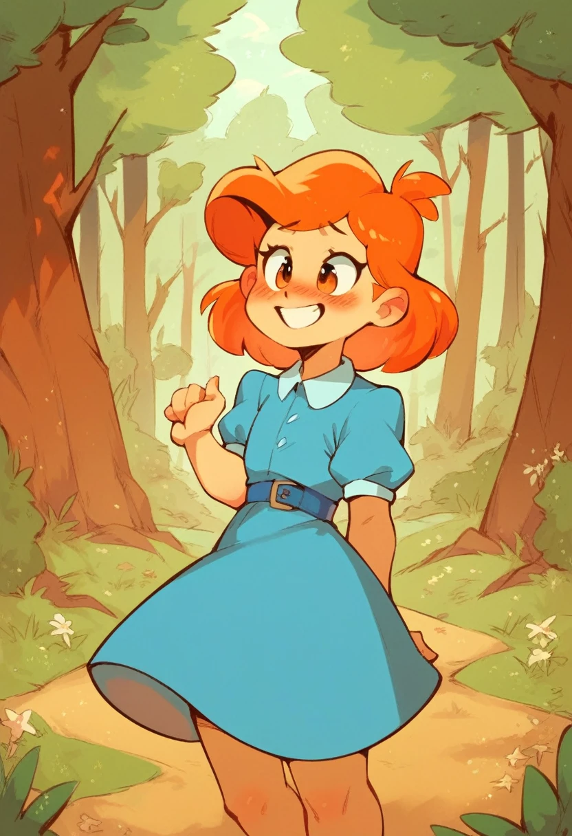 meilinlee, orange hair, blue dress, smile, blush, outdoors, forest, by diives