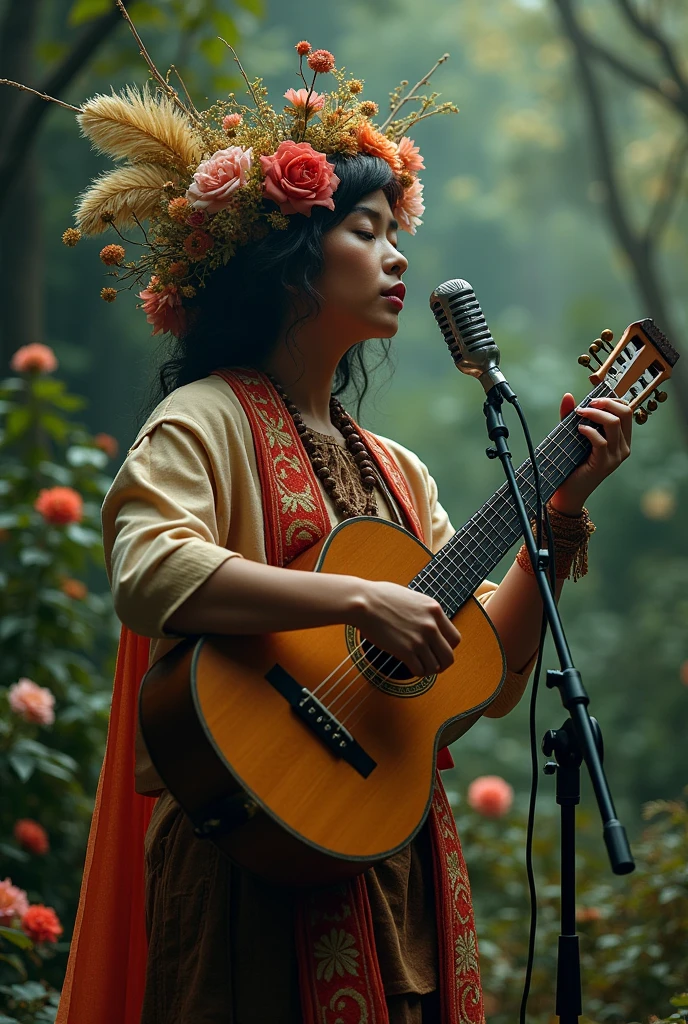 An 18-year-old indigenous girl sitting on a rock in the Amazon River, anime exuberante john 8k madeiras, Atey Ghailan 8 K, Harp playing in the magical forest, em estilo de atey ghailan, inspirado em Atey Ghailan, pleasant environment, forest setting, autor：Fujita Goro, cinematic forest lighting, 4K分辨率