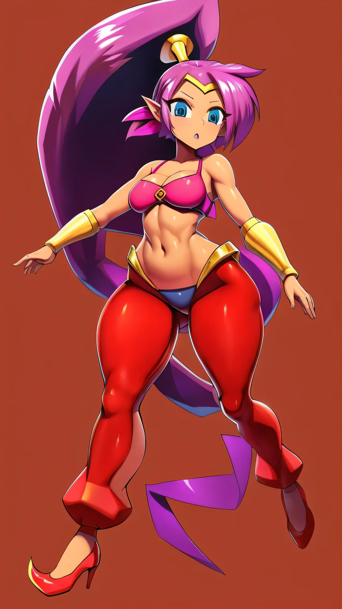 indian, older female, ifbb, bimbo, milf, multiple limbs, multiple arms, skinny, long legs, digitigrade, thick thighs, big calves, wide hips, big butt, forked tail, cat tail, cat ears, snout, maw, fangs, thick lips, slit eyes, colored body, orange body, orange skin, orange fur, purple hair