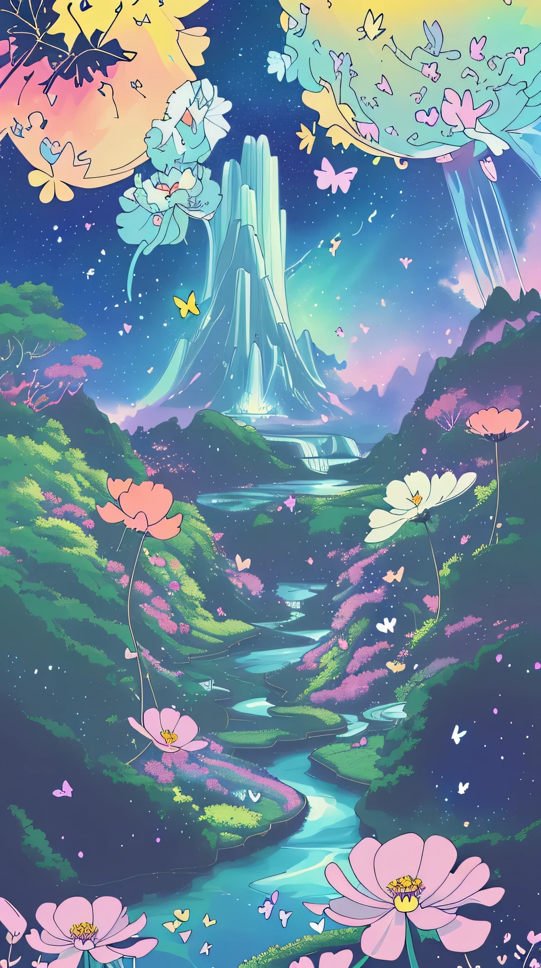 Viral anime nature wallpaper in 4K quality, in the style of digital illustration, depicting a dreamlike garden with floating islands, waterfalls cascading down, and glowing butterflies; surreal and vibrant color temperature, cosmos lighting with stars twinkling in the sky, the atmosphere is surreal and mesmerizing