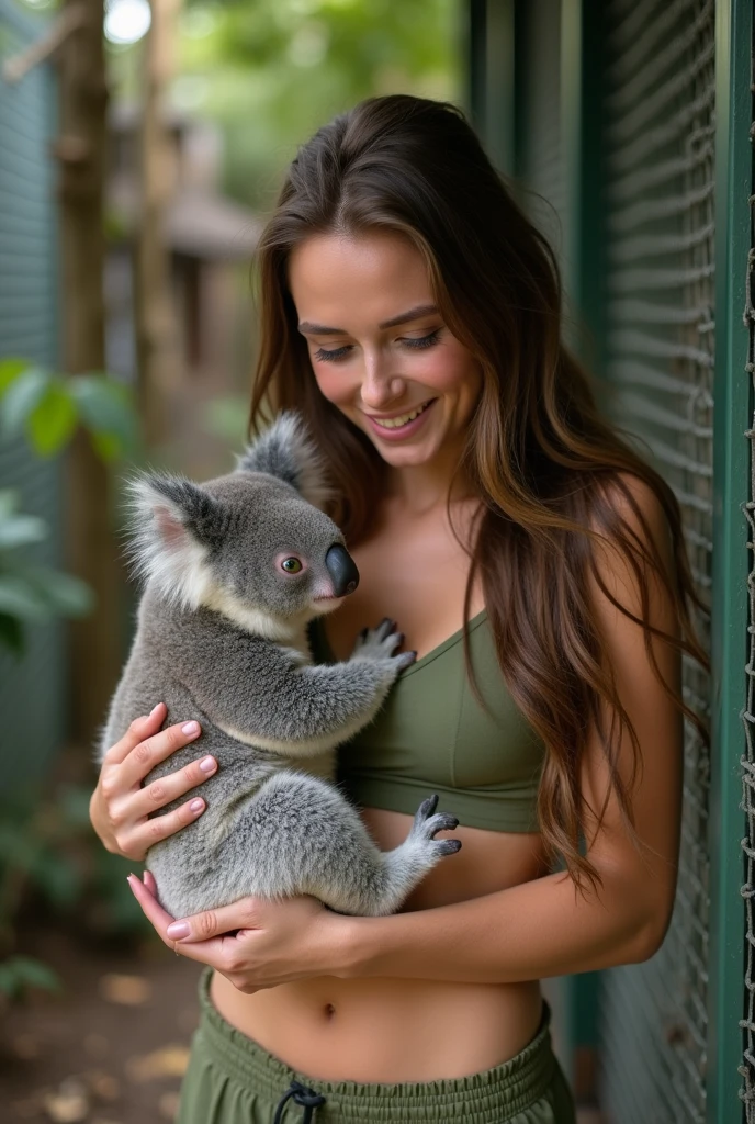 Large massive gigantic stuffed animal giant sloth monster carries topless beautiful bikini teen girl in his arms embrace cuddling