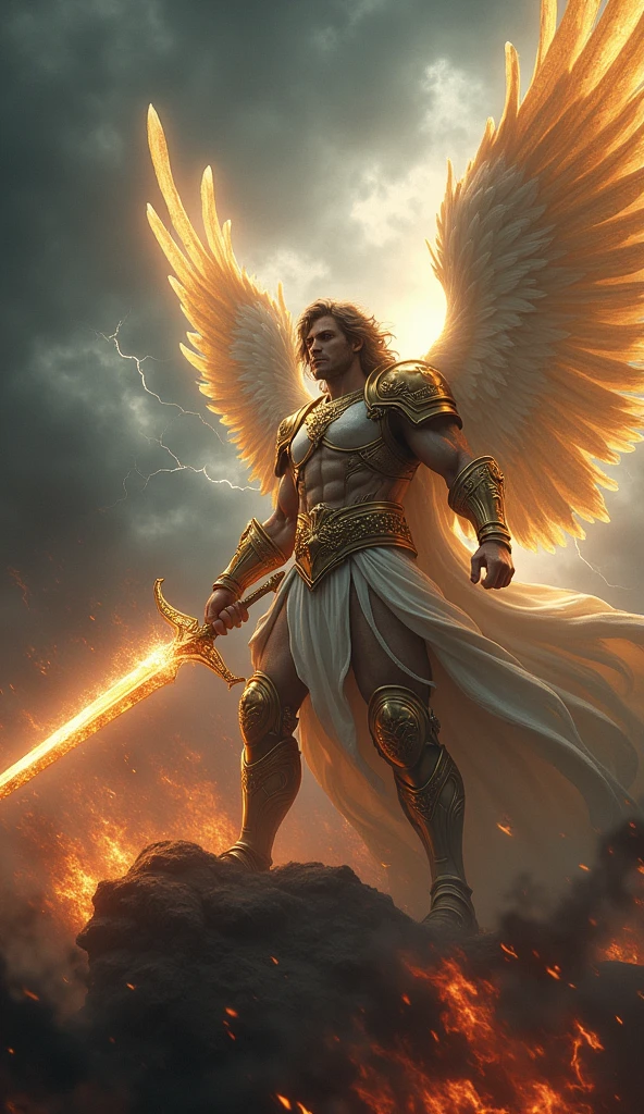 masterpiece, best quality, realistic, ultra detailed, movie poster style, dungeons and dragons character design, celestial, bruneian man with round face, muscular, fashionable dark hair, radiant white angel wings, sexy heavy armor, flying mid-air, dramatic slashing with flaming sword towards camera, god rays, perfect fingers, perfect hands, perfection