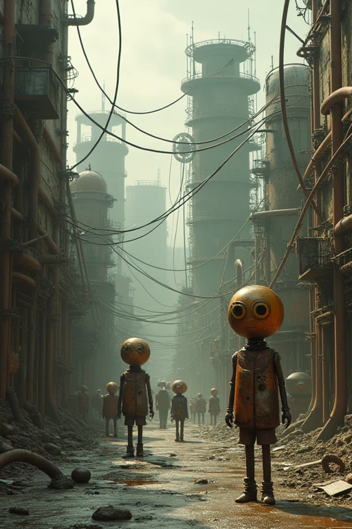 a group of creature with head made of gear gathering, old town, pastel colors, surreal atmosphere, dreamcore, raw photo, film grain, top-down aerial view