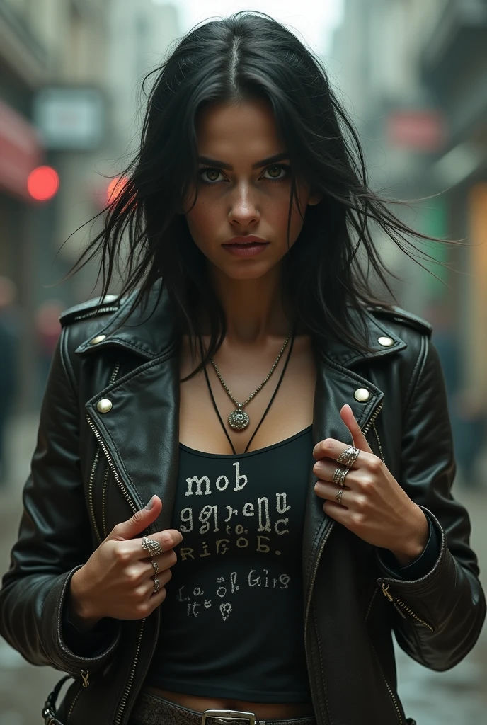 Woman with shoulder length black hair wearing a zipped biker vest,with a black stripe on the vest that says marrenta STRIP ON TOP OF THE VEST ON THE RIGHT SIDE CHEST small stripe 