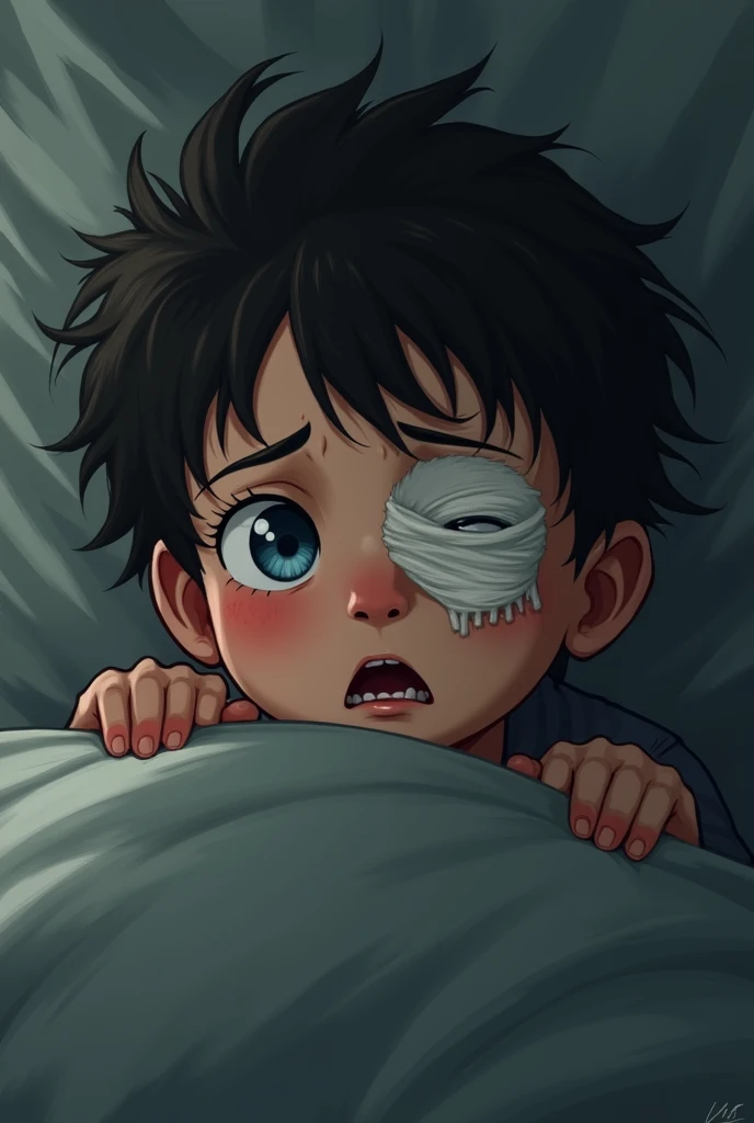 Black haired boy waking up scared and crying