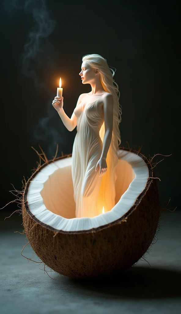 nude mermaid in an underwater cave,smiling face,beautiful face,proud face,wearing a seashell crown, holding a golden trident, photoluminescence and glowing mushrooms, fireflies,photorealistic,8k