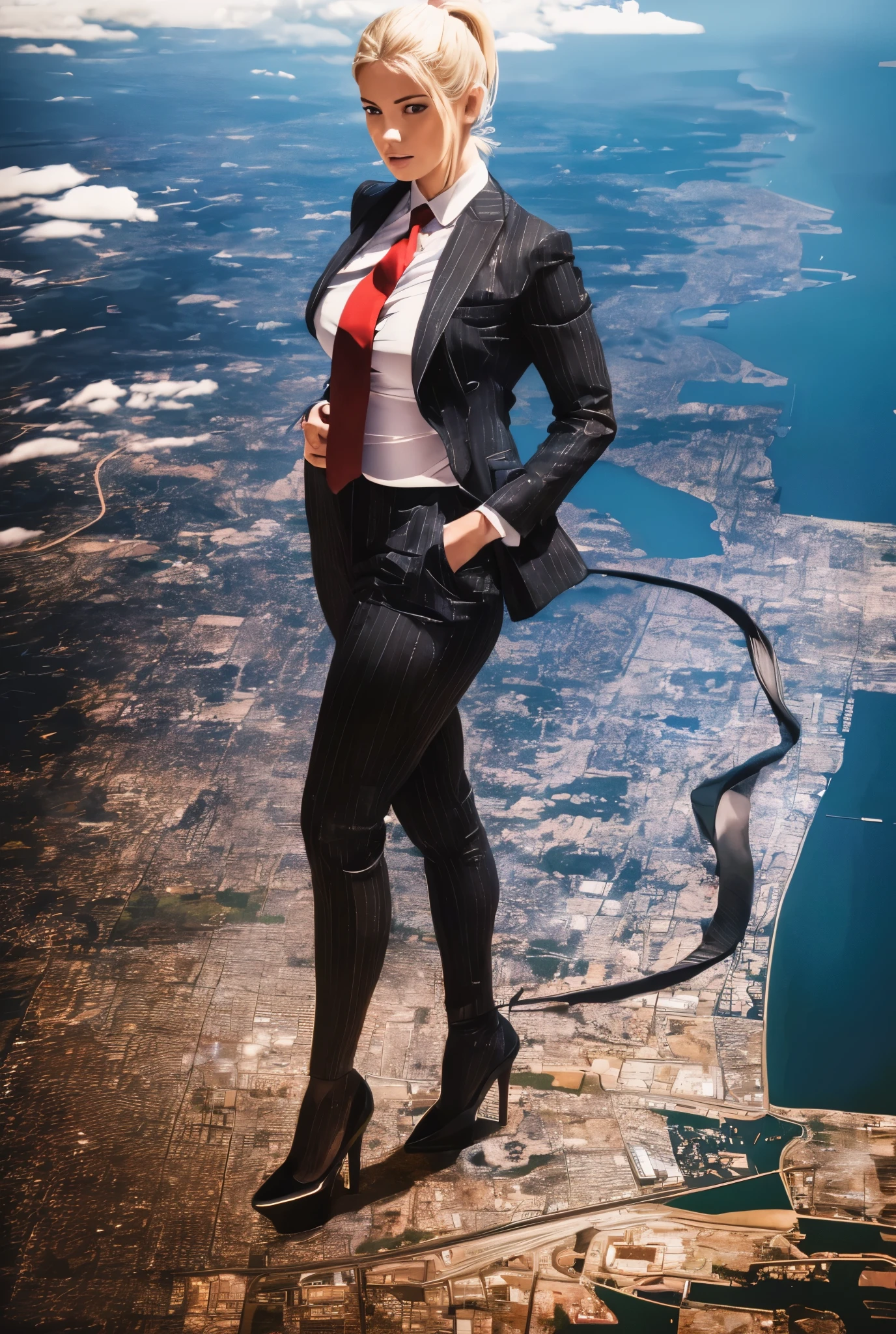 A curvaceous woman in grey pinstriped three-piece suit, white shirt, big red paisley necktie, blonde ponytail, standing in stomping pose wearing black platform heels, cityscape background of mega-city, urban sprawl, small towns, hazy cloudy atmosphere, (best quality,4k,8k,highres,masterpiece:1.2),ultra-detailed,(realistic,photorealistic,photo-realistic:1.37),extremely detailed face and hands,perfect lighting,cinematic,hyper-photorealistic, giantess art, woman much bigger than a city