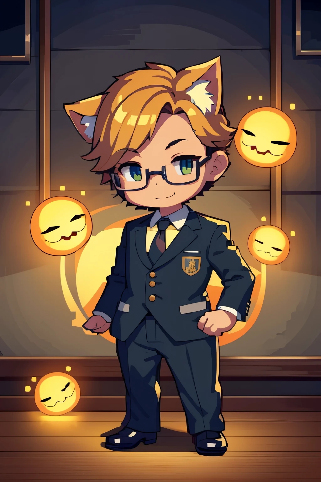 Create an image of a sophisticated cat lawyer dressed in a sharp, dark suit with a neatly tied tie. The cat should be wearing round, vintage-style glasses and exuding a professional demeanor. It is seated at a polished wooden desk in an elegant law office, surrounded by shelves filled with legal books and paperwork neatly arranged. Next to the cat, include a whimsical, magical onion with a cheerful, smiling face. The onion should have twinkling eyes and a soft, glowing aura to emphasize its magical nature. The office should have a blend of professional ambiance and enchanting charm, with subtle magical elements like sparkles or a faint, mystical glow around the onion to highlight its unique presence.