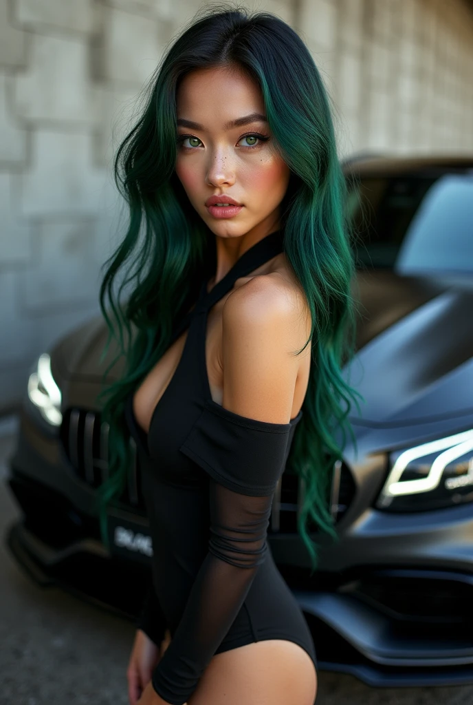 "Beautiful girl resembling Billie Eilish with black and green hair, wearing seductive attire, striking a pose next to an Audi A8."