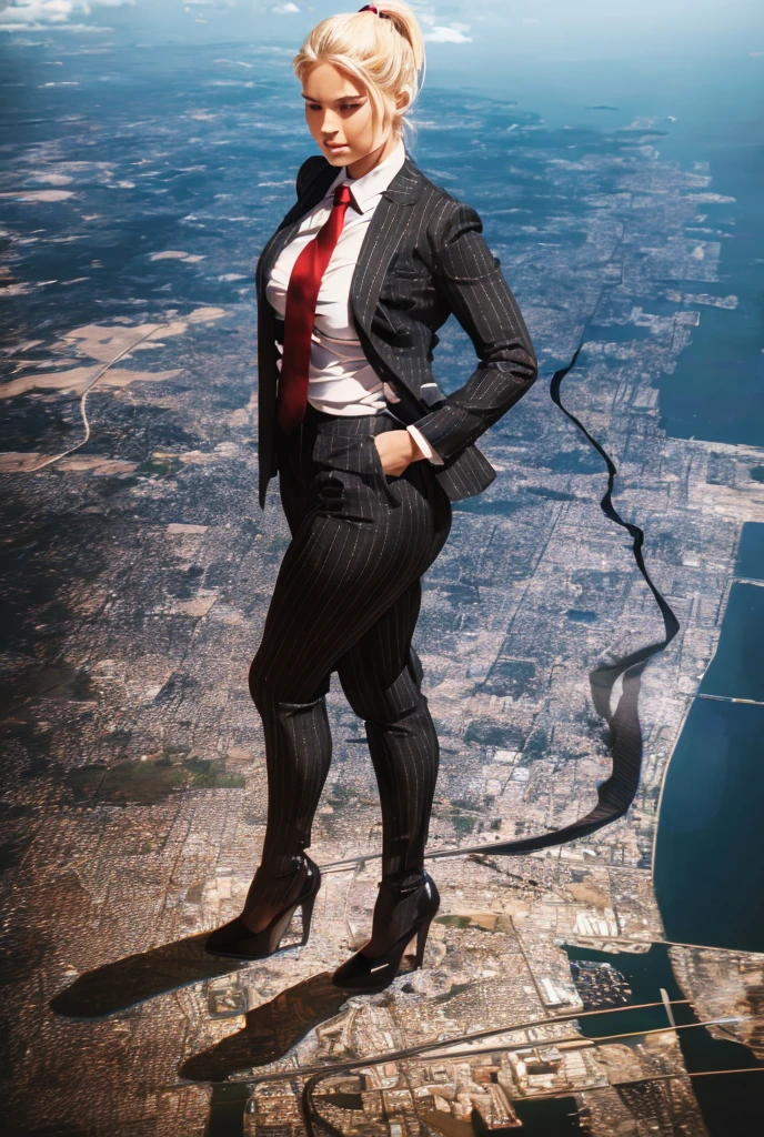 A curvaceous woman in grey pinstriped three-piece suit, white shirt, big red paisley necktie, blonde ponytail, standing in stomping pose wearing black platform heels, cityscape background of mega-city, urban sprawl, small towns, hazy cloudy atmosphere, (best quality,4k,8k,highres,masterpiece:1.2),ultra-detailed,(realistic,photorealistic,photo-realistic:1.37),extremely detailed face and hands,perfect lighting,cinematic,hyper-photorealistic, giantess art, woman much bigger than a city