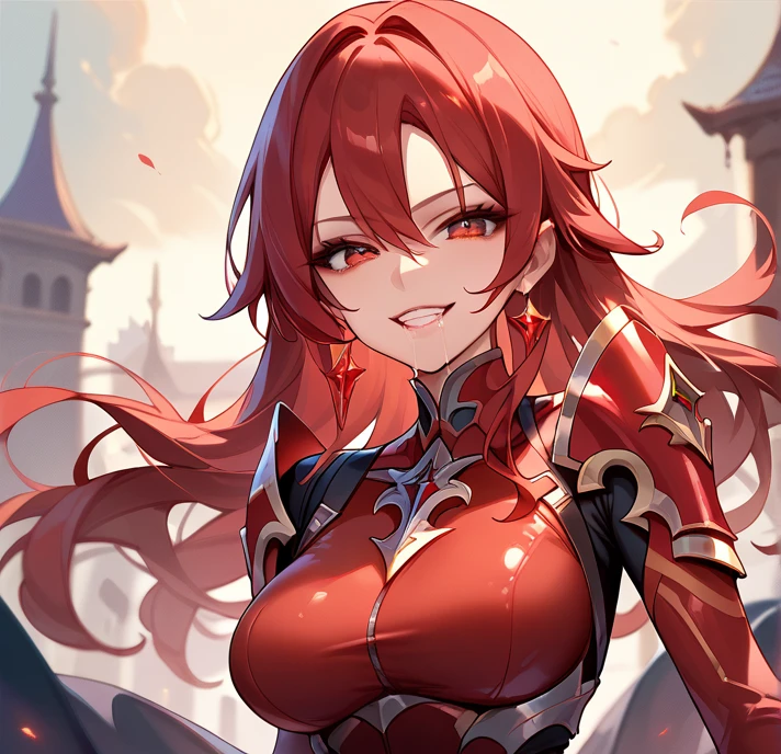 A delicate long hair adult girl, perfect breast, Rias Gremory inspired, is standing, look at viewer, evil smile, saliva, perfect body, at rooftop (wears(Red Symbiote Suit))