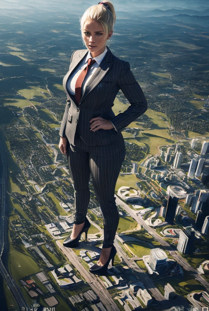 A curvaceous woman in grey pinstriped three-piece suit, white shirt, big red paisley necktie, blonde ponytail, standing in stomping pose wearing black platform heels, cityscape background of mega-city, urban sprawl, small towns, hazy cloudy atmosphere, (best quality,4k,8k,highres,masterpiece:1.2),ultra-detailed,(realistic,photorealistic,photo-realistic:1.37),extremely detailed face and hands,perfect lighting,cinematic,hyper-photorealistic, giantess art, woman much bigger than a city