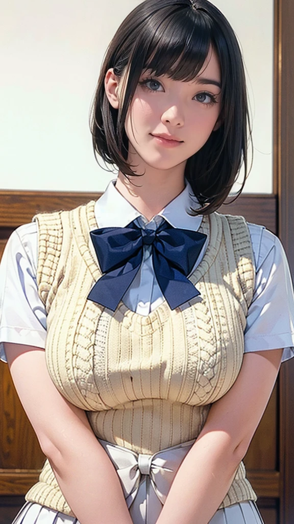 (masterpiece:1.2, highest quality), (realistic, photorealistic:1.4), beautiful illustrations, (natural side lighting, movie lighting), Depth of written boundary,
looking at the viewer, Front view, 1 girl, Japanese, high school girl, 16years old, perfect face, Cute symmetrical face, shiny skin, open legs,
(bob hair:1.7,blonde), asymmetrical bangs, Big eyes, droopy eyes, long eyelashes chest), thin,
beautiful hair, beautiful face, fine and beautiful eyes, beautiful clavicle, beautiful body, beautiful breasts, beautiful thighs, beautiful feet, beautiful fingers,
((fine fabric texture, brown knit vest, short sleeve white collar shirt, navy pleated skirt, Navy bow tie)),
(beautiful scenery), evening, (Inside the flower shop), Are standing, (smile, Upper grade, open your mouth), ((skirt lift)), ((no panties, genitals visible)), full body shot, dark blue socks, sexy face, inverted nipples,