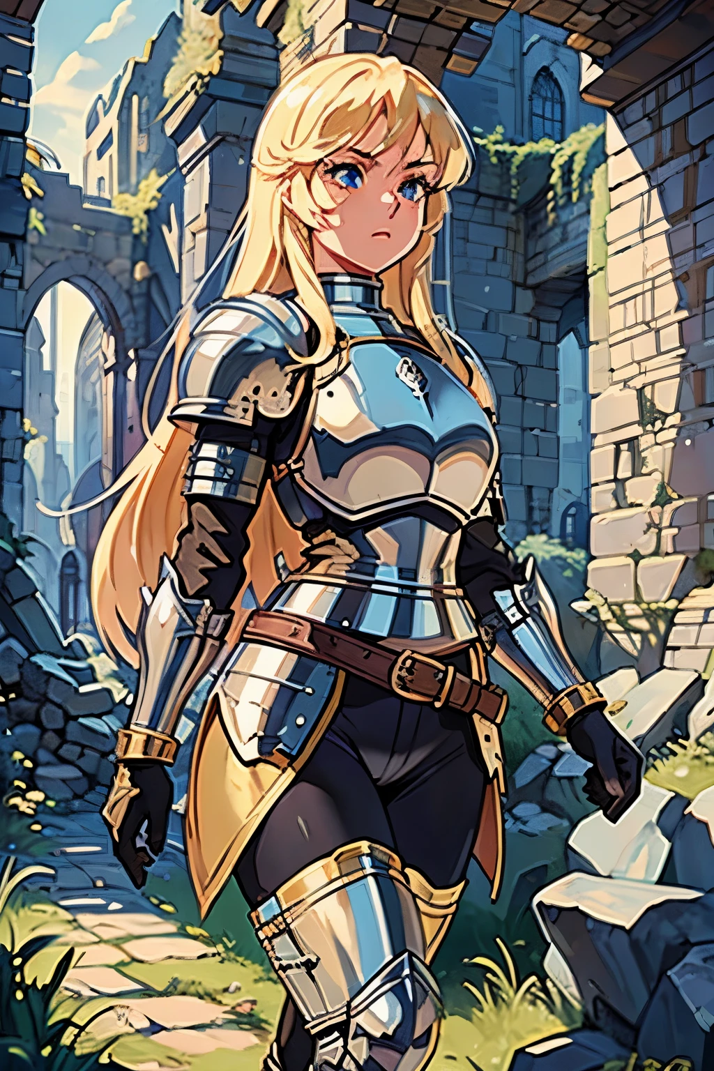 ((ultra-detailed)), (beautiful detailed eyes), (masterpiece), best quality, expressive eyes, perfect face, 1girl, knight, gold armour, white shirt, black shorts, white pantyhose, gold bracers, black gloves, plate armour, knee boots, blonde hair, long hair, walking, knight, paladin, ranger, pirate, armor, rogue, torch, wooden doors, ruins, abandoned, old, moss, stone wall, underground, dungeon, dungeon-background, iron doors, medieval-armor-girl, armored, p line, yoga shorts, retro anime, 1990s anime, (cinematic lighting), (illustration), anime, (((best quality))), best quality