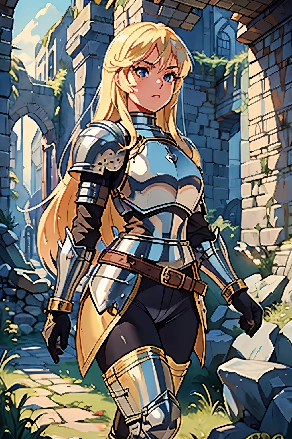 ((ultra-detailed)), (beautiful detailed eyes), (masterpiece), best quality, expressive eyes, perfect face, 1girl, knight, gold armour, white shirt, black shorts, white pantyhose, gold bracers, black gloves, plate armour, knee boots, blonde hair, long hair, walking, knight, paladin, ranger, pirate, armor, rogue, torch, wooden doors, ruins, abandoned, old, moss, stone wall, underground, dungeon, dungeon-background, iron doors, medieval-armor-girl, armored, p line, yoga shorts, retro anime, 1990s anime, (cinematic lighting), (illustration), anime, (((best quality))), best quality