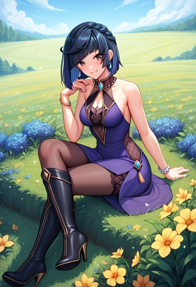 score_9, score_8_up, score_7_up, score_6_up, score_5_up, score_4_up, source_anime, 1girl,yelandef, upper body, smile, blush, dark hair, low dark blue hair, brown eyes, clean hair, purple dress, jewelry, a wreath of flowers, black thighs high boots, heels, day, field, looking at the viewer, field flower, sit, best quality, best res, 4K UHD,
 