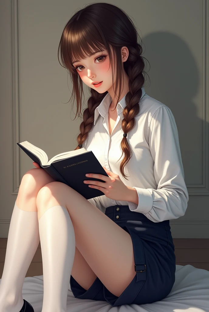 woman，The face of an angel，in school uniform，Reading a book，between legs，Look from the bottom up