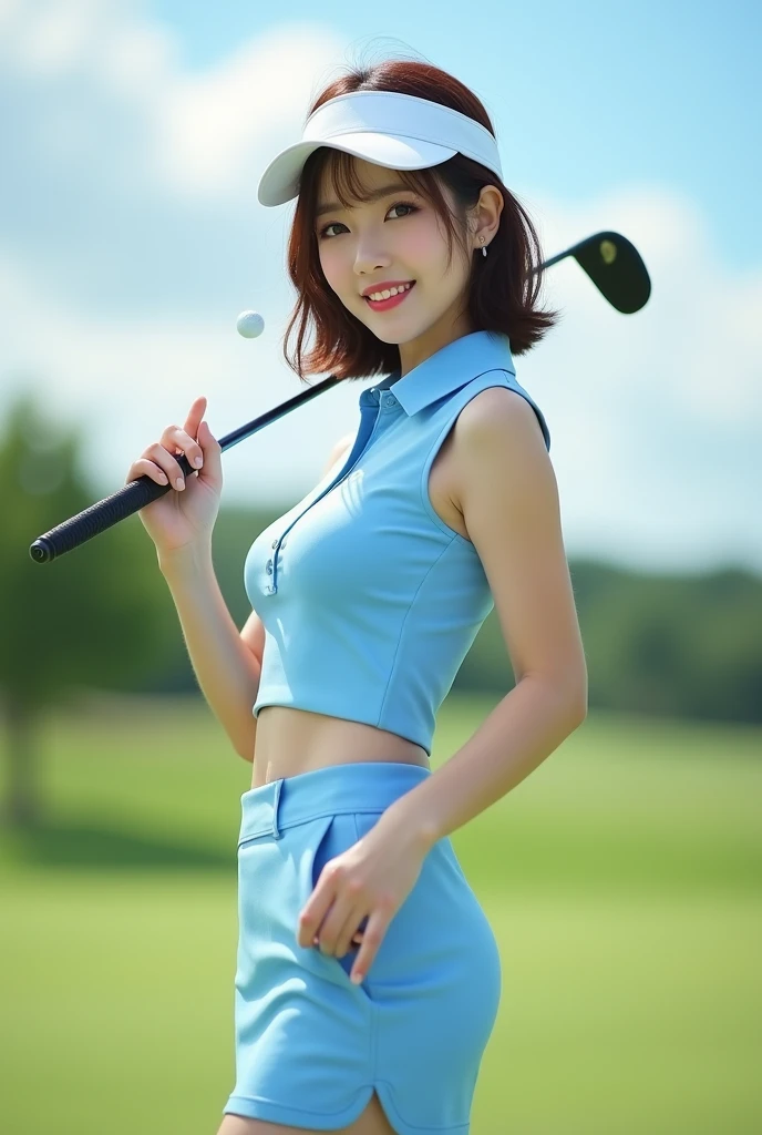 8K, Ultra-high resolution, Highest quality, masterpiece, 三分割法によるphotograph,Surreal, photograph, 1 Girl, (16 years old:1.3), pretty girl, Cute face, Beautiful eyes in every detail, 細かくdetailedに,masterpiece,, One Girl:1.2, Japan Female Announcer,whole body,(Golf Wear:1.5),(Golf course:1.5),Pencil Skirt、Knee socks, Attractive thighs, Sensual,A carefree smile,Heal the heart,Black Hair,Short Bob,Looking at the audience、beauty,Long neck、Laugh a little、Please close your mouth and laugh、(((Ideal body type))),A cup small breasts :2,、Portraiture:2、Perfect Anatomy、鮮明なdetailed、detailed、Surreal、Light and shadow,Strong light