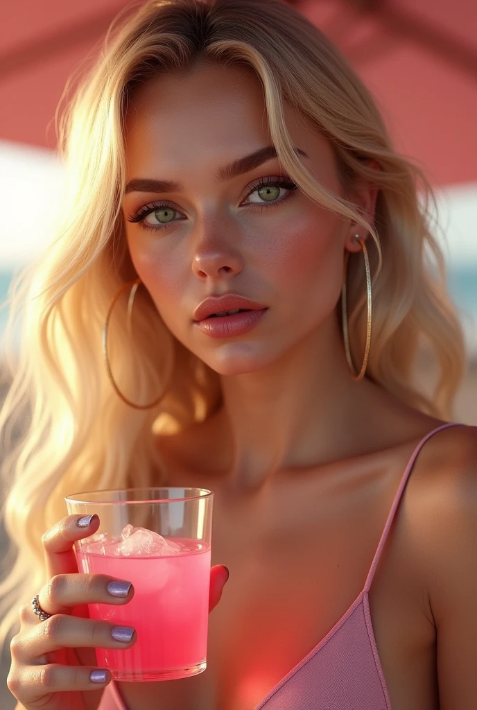 A stunning 3D representation of a luxurious paradisiacal setting, capturing the essence of opulence and natural beauty and surealism. The scene is viewed from a luxurious terrace adorned with plush cushions and modern lighting that exude warmth and elegance. in the center a small table with cocktails. In the background, the clear night over the calm sea, giving a bright tone to the swaying palm trees. The overall atmosphere is cinematic and modern, evoking a sense of glamor and sophistication., photo, fashion, vibrant colors cinematic, 3D rendering