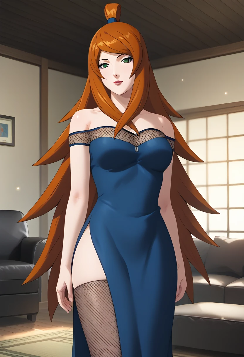 score_9,score_8_up,score_7_up,score_6_up,score_5_up,score_4_up BREAK skinny, medium breasts, shiny skin,bokeh,bloom, indoors,light particles, living room, 1girl, ((clear eyes)), Mei Terumi, (((orange long hair))), green eyes, medium lips, red lips, mature female, ((perfect model body)), ((blue dress, fishnet stockings)), wide hips, lewd look, seductive pose, 