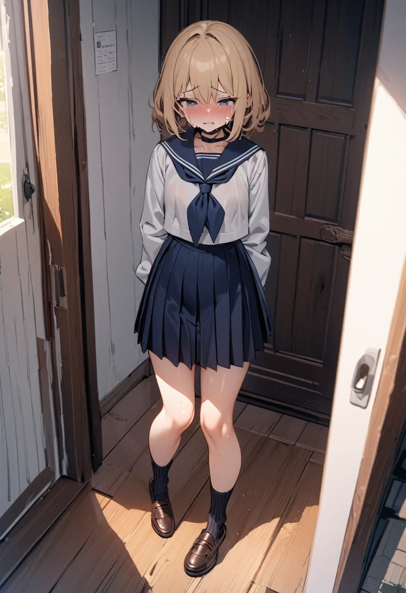 Highest quality,(Beautifully detailed white panties),She looks at me teasingly.,(smile),School corridor,(She is excited to show her cum stained panties:1.3),(She forces me to cum in her panties),There are four girls around、They are surprised