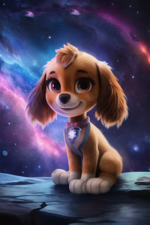 paw patrol, skye, cockapoo, female, feral, ((solo)), sitting, by crumbles, (looking at viewer), ((focus on character)), nebula, stars, universe, ((cosmos)), anatomically correct, focus on character, best landscape, detailed, detailed background, best quality, masterpiece, detailed eyes, detailed pupil,