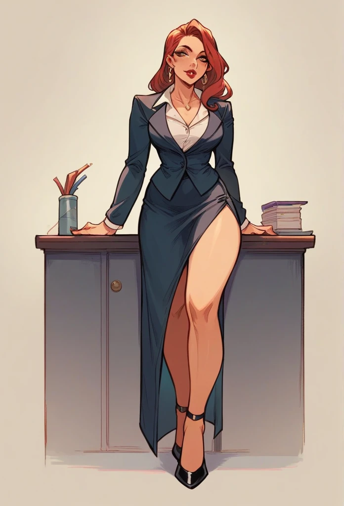 One woman, stockings,black leather skirt, business suit,  long jhumka earrings,red lipstick,red hair bun,green eyes,big breasts,small cleavage , curvy body 