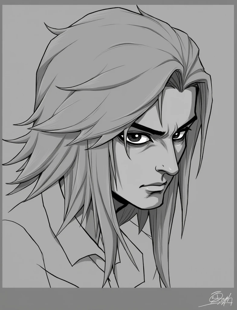 a serious man with long red hair 