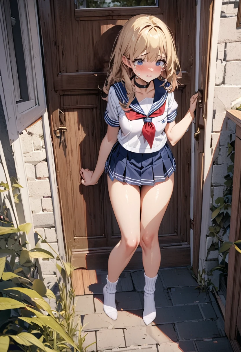 ((Correct Anatomy)),(Detailed image quality),(Female student)、((school uniform))、((Sailor suit))、(Mini Pleated Skirt),(((Black Stockings))),((School Uniform)),((standing)),Ultra-high resolution,Mature Woman, Mature Woman, Very detailed,Sunburned skin,Brown Skin,((Beautiful legs)), (Big Breasts),((Beautiful feet)),Perfect hands, Detailed fingers, Beautiful details, ((Long blonde hair)),((ponytail)),Black Choker, Earrings,loafers,Perfect Eyes, Captivating eyes,(School stairs)