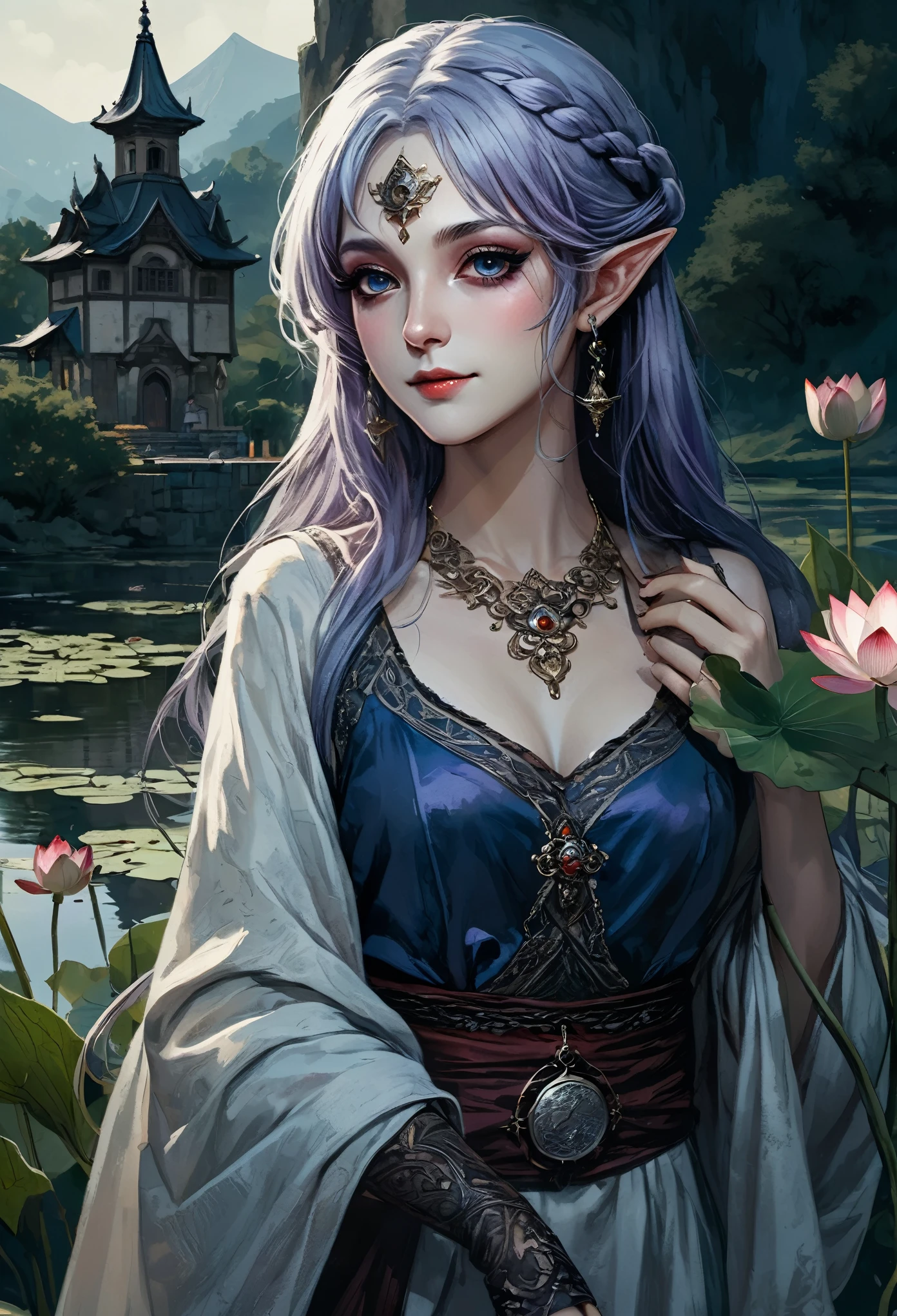 (Ultra-detailed face, looking away, Fantasy Illustration with Gothic, Ukiyo-e, Comic Art, dark tone colors), 
BREAK 
(This is a small mountain village in a medieval European style. From the hilltop, a pond filled with abundant water can be seen, and lotus flowers are in full bloom. There is a small church and a clock tower in the village, and white smoke from the chimneys is wafting as evening meal is served. Moonlight shines through the clouds like a spotlight on the pond, giving it a mysterious glow.), 
BREAK 
(A female dark elf healer with reddish cheeks lies on the soft grass by the shore of the pond, holding a large lotus flower in one hand, smiling gently at it and kissing its petals softly.), 
BREAK 
(A young-aged dark elf woman with silver color hair, blunt bangs, very long disheveled hair and dark purple color skin, lavender color eyes. She wears smoky makeup around her eyes. She wears dark eyeliner under her eyes.), 
BREAK 
(A female dark elf healer wears a blue jeweled hair ornament, a light gray linen cape dress with silver and red embroidery on the lace, and sandals with braided thin strings. She wears a large fan-shaped necklace woven with bright beads.)