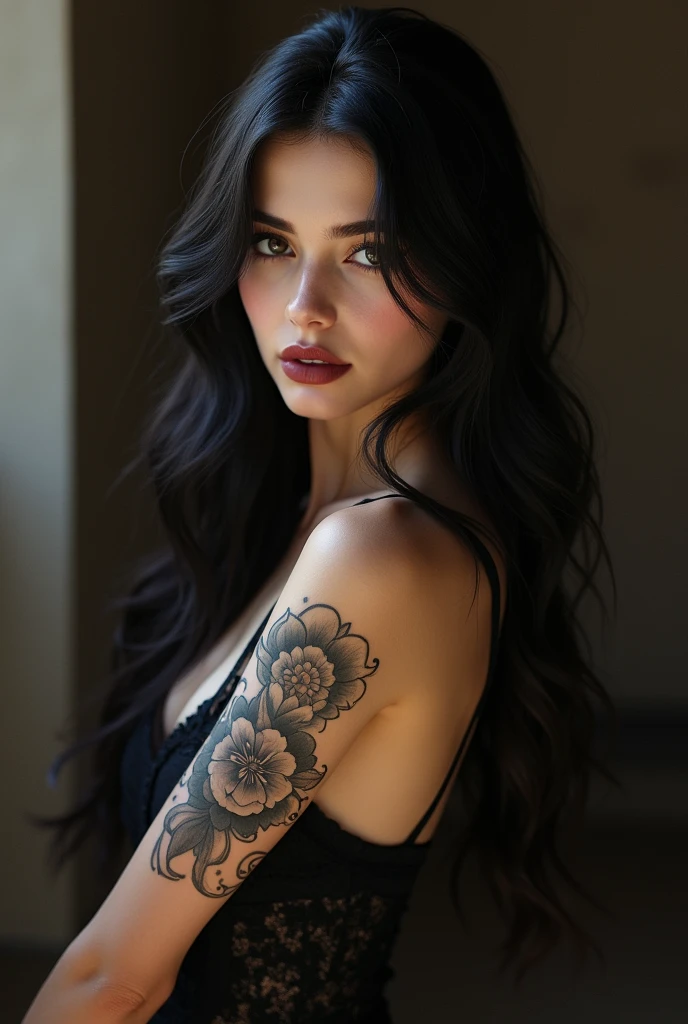 woman with long wavy black hair, gold eyes, pink mouth, butterfly tattoo on shoulder, curtain
