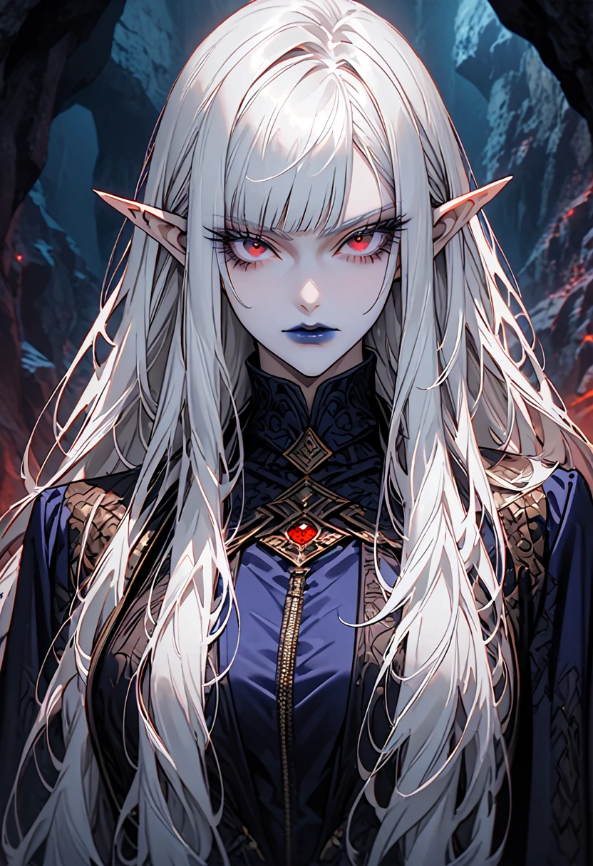 female, close up, tall female, lithe, strong build, deep indigo skin, long hair, white hair, red eyes, angular face, high cheekbones, midnight blue lips, dark elf, long pointed ears, luxurious clothes, adventurer, dark, cave, adventurer clothes, sexy, long eyelashes, thick eyelashes, straight bangs, confident, arrogant, arrogant pose