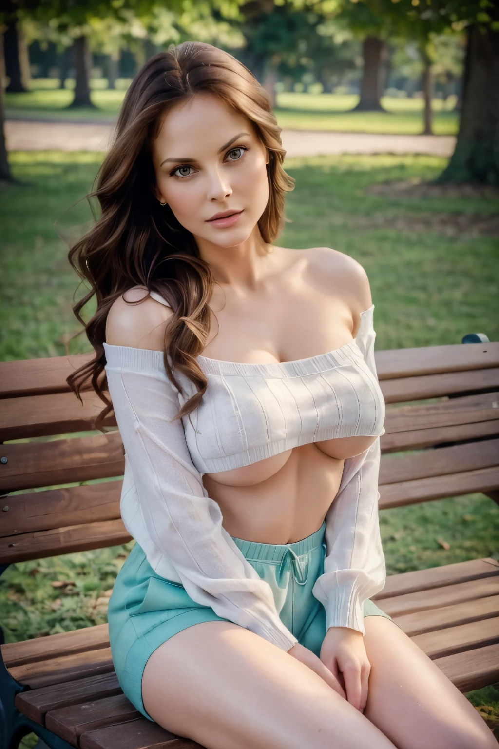 Photorealistic, ultra-detailed, Beautiful woman, portrait photo, Solo, looking up , sitting down, picturesque town scene with nature, bright scene, bright morning, The essence of real life, brunette colour hair, twenty years old, cheerful , show medium cleavage, flashlights, Crystal clear sky, analogue style, film grain, Best shadow, primitive, Instagram LUT