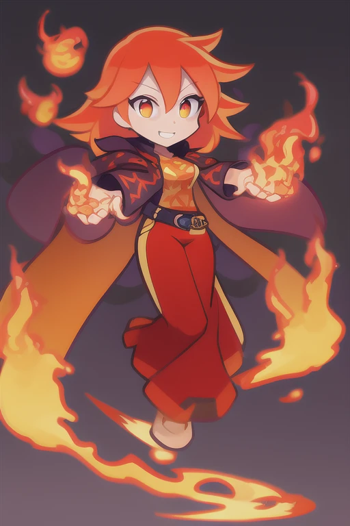 A fiery young girl with flaming red hair, wearing a flame-patterned cloak. She has glowing orange eyes and fire-shaped accessories full body puyo puyo style no background