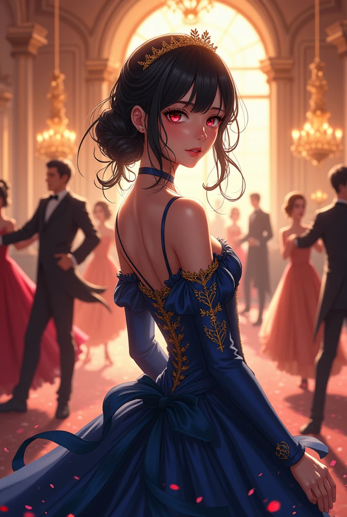 An elegant woman in a glamorous evening gown with a floor-length train, adorned with exquisite jewelry, wearing elaborate makeup, attending a high-end banquet. The setting is illuminated with radiant lights, creating a dazzling interplay of light and shadow. Medium: portrait painting, HDR, ultra-detailed, realistic. Art style: portraits. Color palette: vibrant colors, jewel tones. Lighting: sophisticated lighting design.