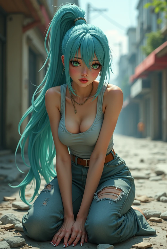 (best quality, ultra-detailed, photorealistic: 1.35) 1 girl, ayoung woman, Alone, Very long hair, pastel blue hair, High ponytail, Big boobs, (anatomically correct), green eyes, eye reflection, well-groomed eyebrows, Mole under the eye, Empty eyes, long eyelashes, tired, Solitary, broken clothes, no money, Looking at the viewer, full body shot, she kneels on the floor, a street 




 