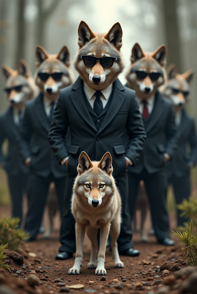A wolf dressed in a suit with dark glasses surrounded by beautiful naked women with large breasts