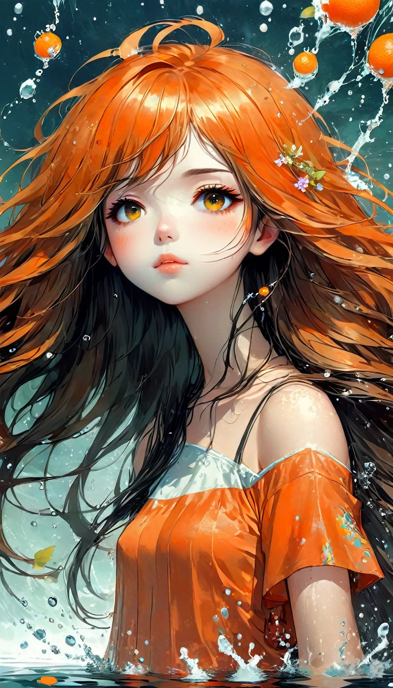 anime girl with long hair and orange top in the water, beautiful animated portrait, beautiful digital artwork, Guweiz style artwork, beautiful digital illustration, awesome anime face portrait, guweiz, by Yang J, detailed portrait of anime girl, beautiful digital art, realistic painting cute girl, great digital art with details, beautiful magnificent digital art, A beautiful artistic illustration.