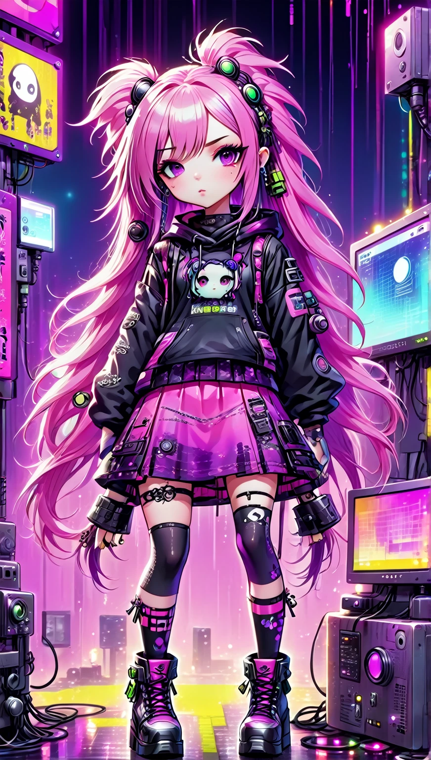 anime style:1.6, full body, leaning on a pair with pissing signs, 1 cyber goth girl, Long hair in a pink color with a gradient of violet, cyber goth clothing, very colorful scene, neon lights, cyber ornaments, computers, computer terminals, Japanese manga style:1.5. HD,Hyper detailed and realistic 8K, skin texture:1.4